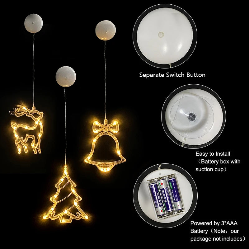 Christmas LED Light Snowflake Santa Deer Hanging Sucker Lamp Window Ornaments Decoration Xmas Gifts