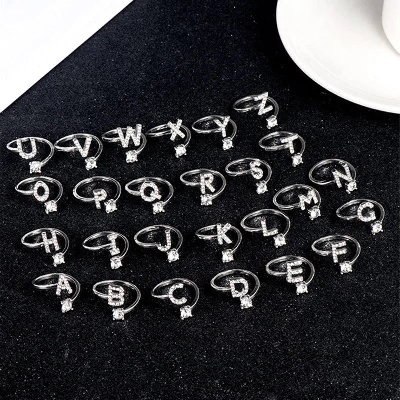Zircon Initial A-Z Letter Name Alphabet Women Female Metal Adjustable Opening Rings Wedding Gift