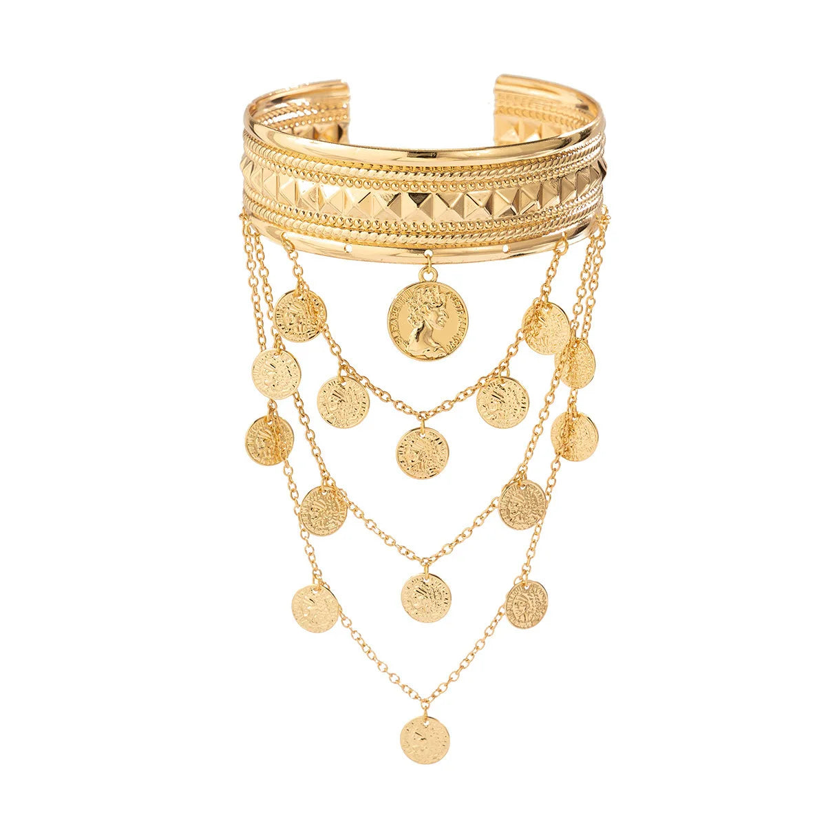 Trendy Metal Coin Leaf Chain Tassel Gold Silver Women Upper Arm Bangle Cuff Bracelet Armlet Armband