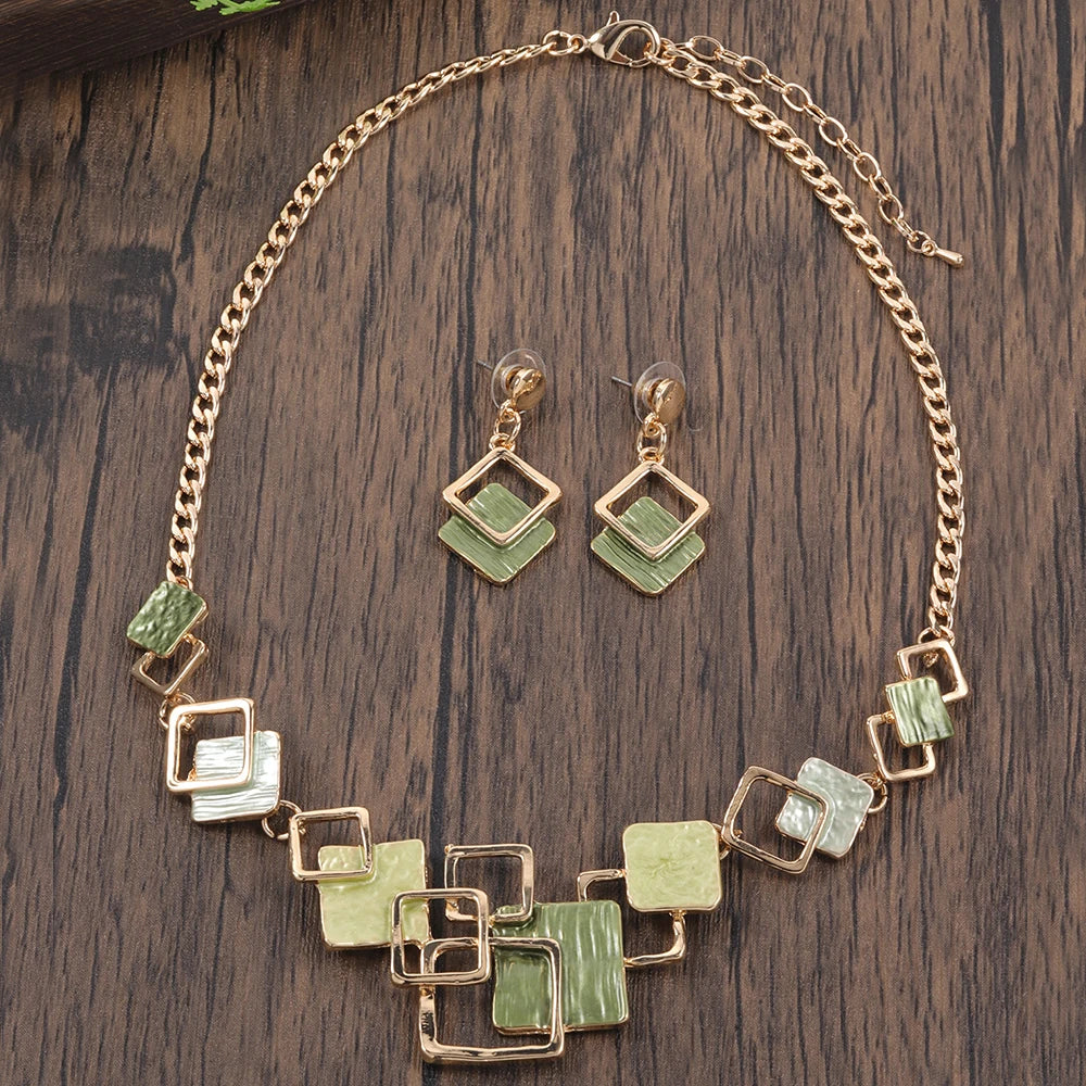 Fashion Simple Drip Oil Geometric Trendy Daily Party Necklace Earrings Gold Silver Women Jewelry Set