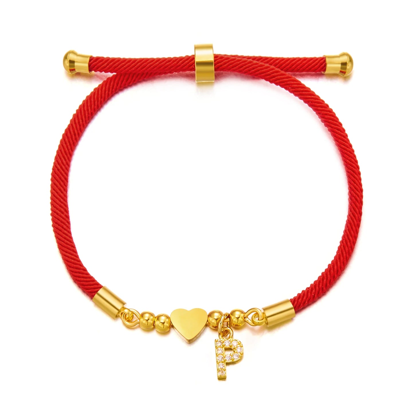 Gold Crystal Zircon A-Z Heart Initial Letter Charm Lucky Red Adjustable Rope Women Bracelet Jewelry