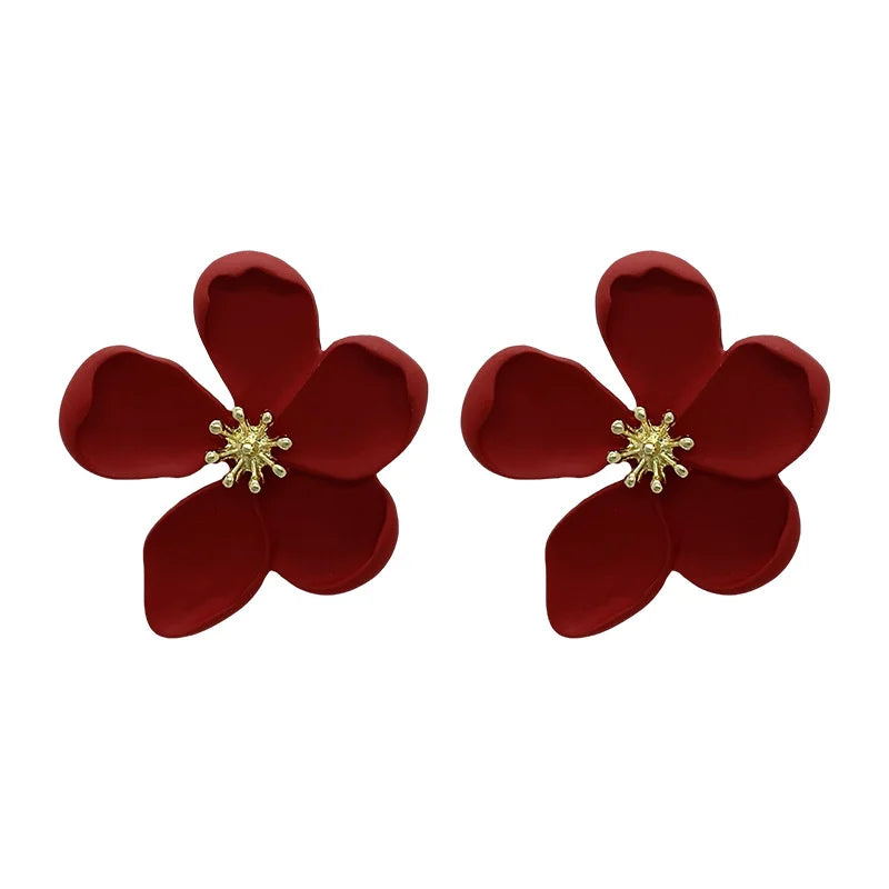 Vintage Fashion Gold Red Matte Texture Metal Flower Women Earrings Jewelry Gifts