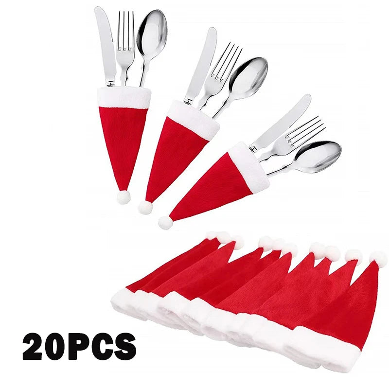 Christmas Hat Tableware Bag Holder Fork Knife Spoon Cutlery Bag Home Decorations Xmas New Year Gifts