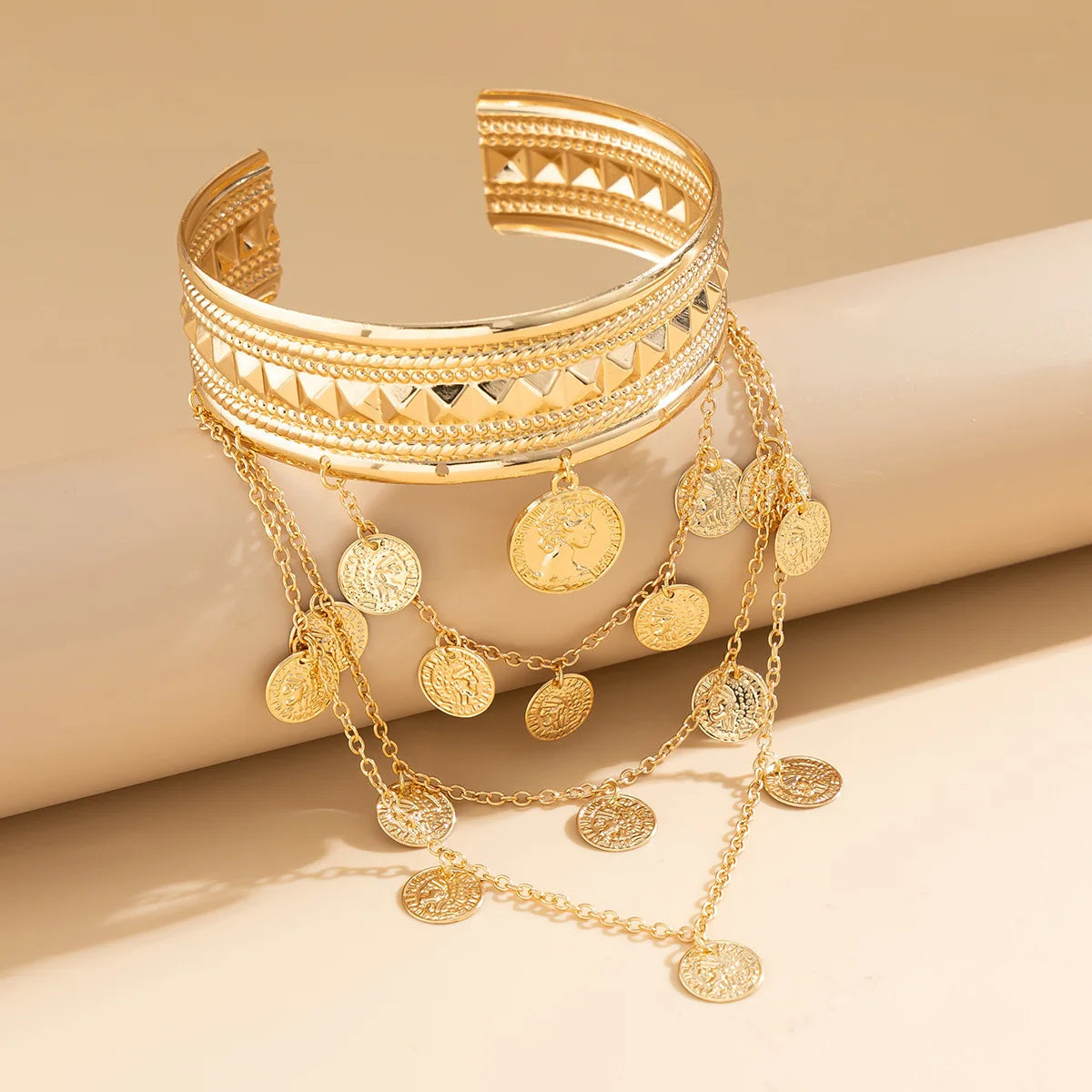 Trendy Metal Coin Leaf Chain Tassel Gold Silver Women Upper Arm Bangle Cuff Bracelet Armlet Armband