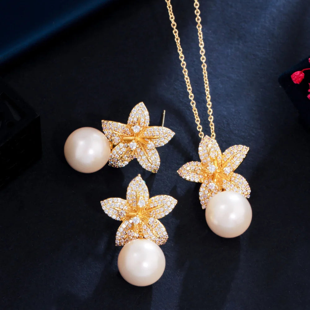 Pearl Flower Fairy Sweet Elegant Micro-Embedded Necklace Earrings Gold Silver Women Jewelry Set