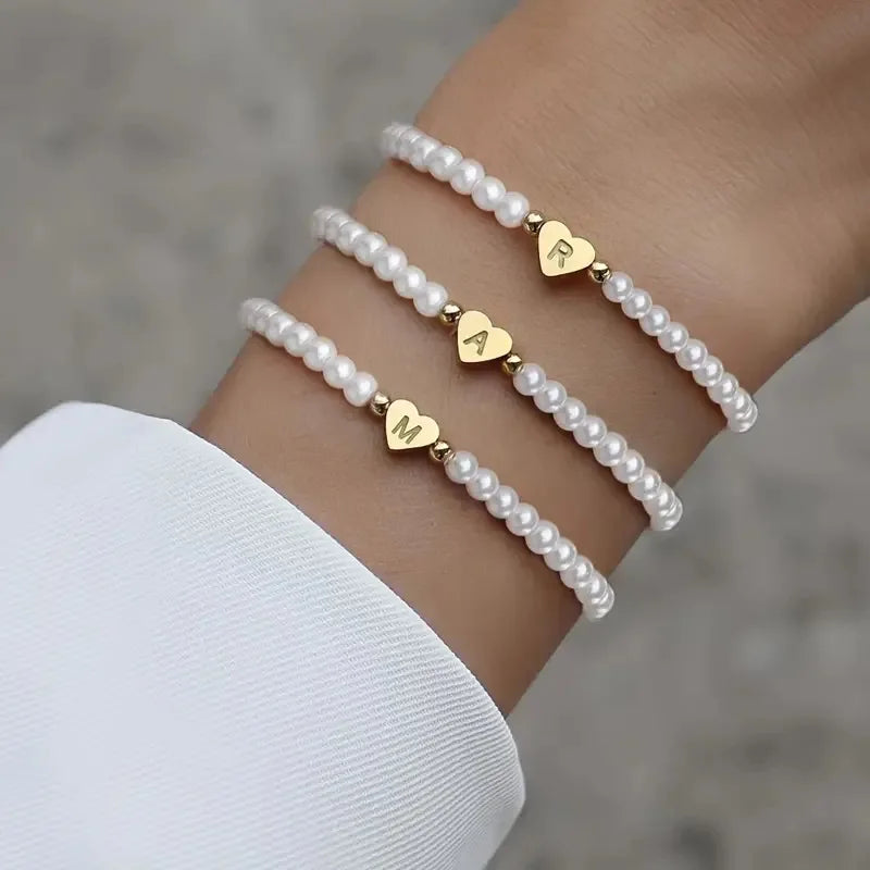 26 Letters A-Z Initial Faux Pearl Gold Fashion Women Link Bracelet Wristband Bangle Jewelry Gift