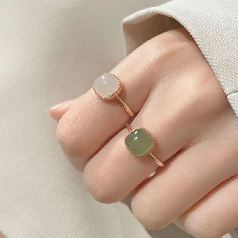 New Imitation Jade Retro Fashion Sweet Finger Simple Adjustable Open Gold Women Rings Jewelry Gift
