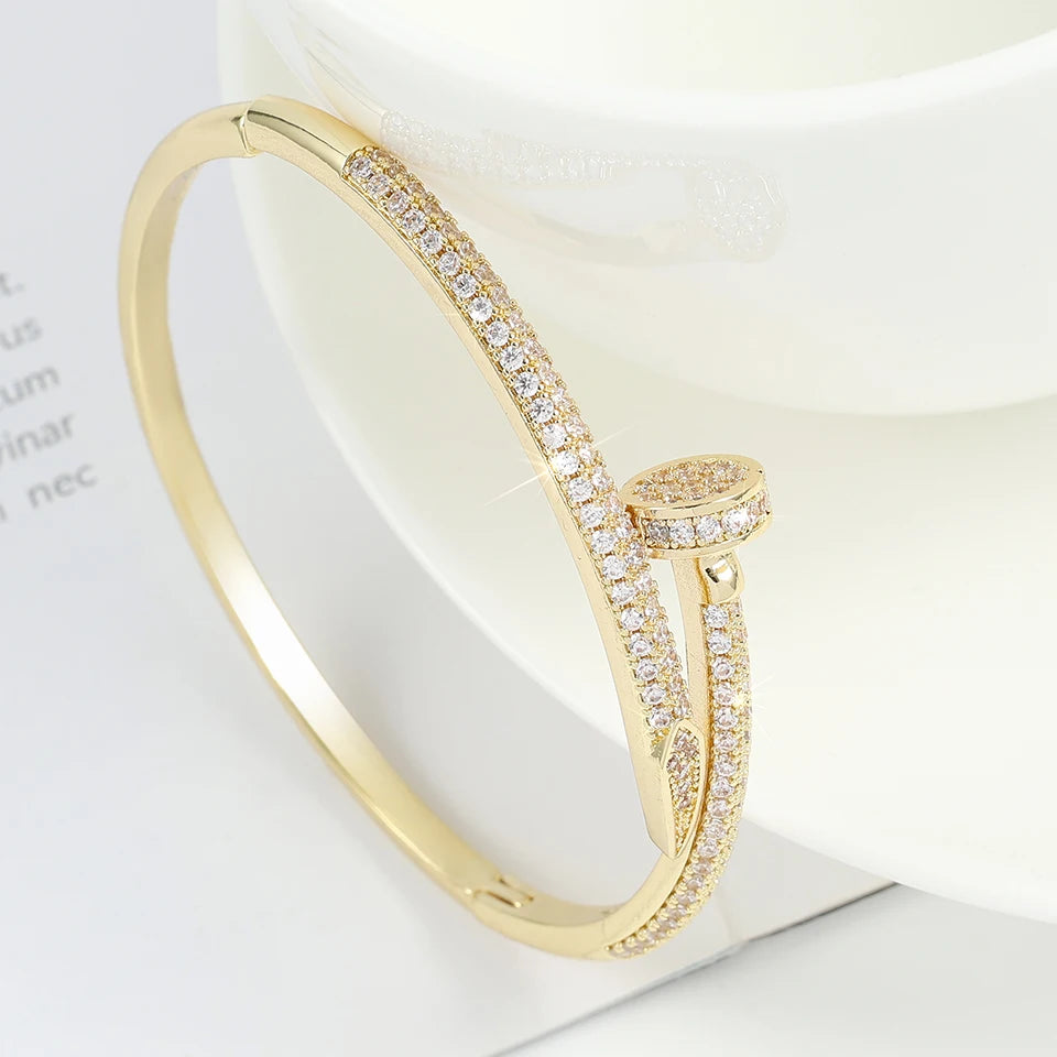 New Zircon Nail Open Fashion Crystal Inlaid Adjustable Silver Gold Women Bracelet Bangle Jewelry