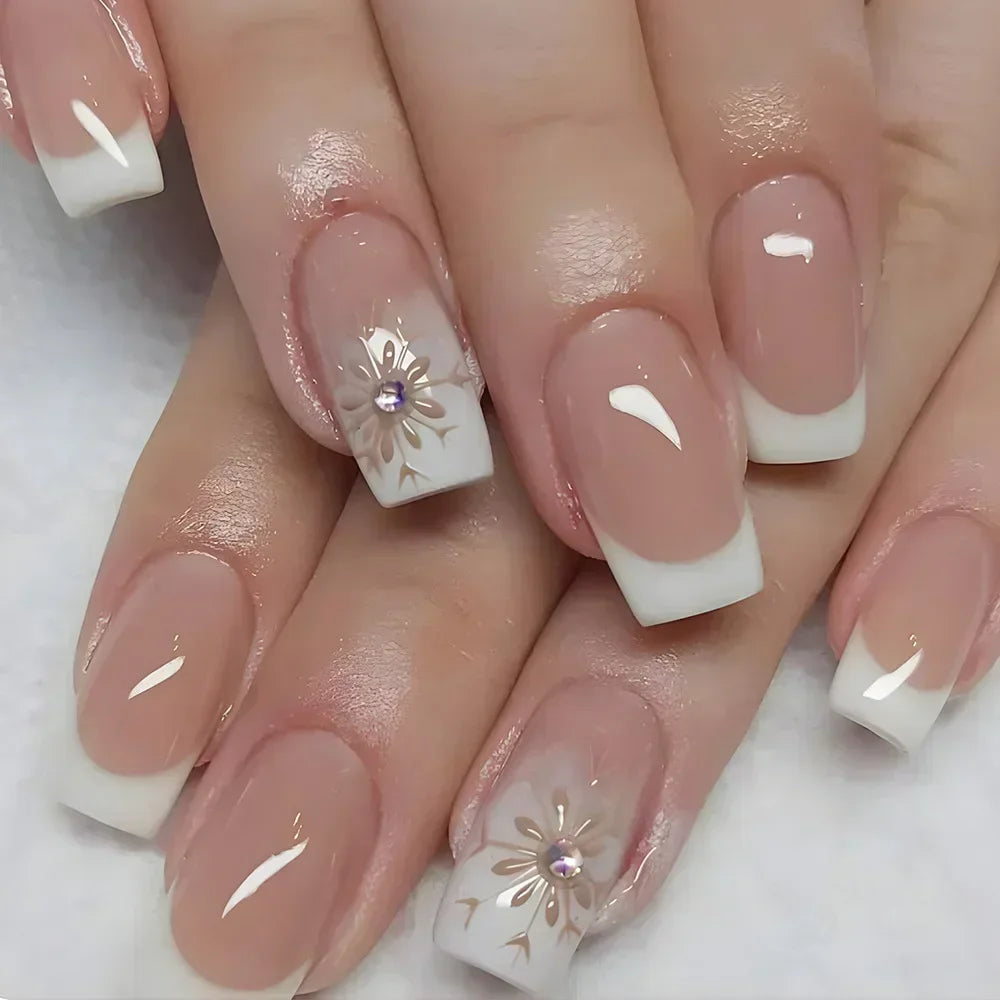 24Pcs Short Square Coffin French Glitter Acrylic Fake Nails Tip with Glue Women Press on Nails Gift