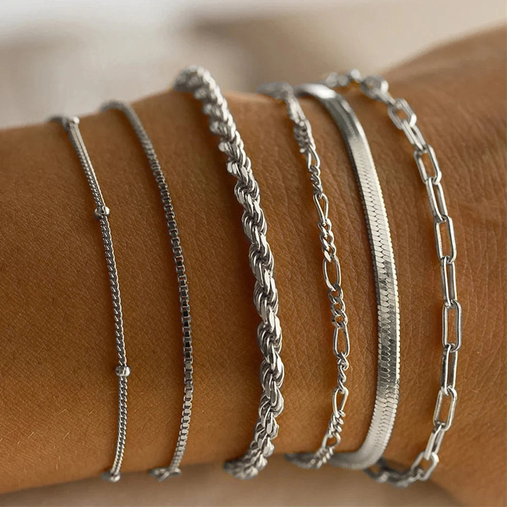 6pcs/Set Fashion Snake Imitation Gemstone Rhinestone Metal Women Bangle Bracelet Set Jewelry Gift