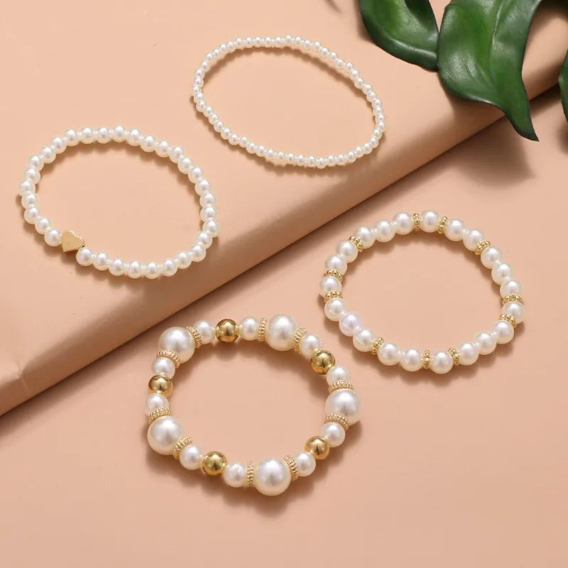 4pcs Beautiful Versatile Pearl Gold Beads Love High Grade Elegant Fashion Women Bracelet Bangle Set
