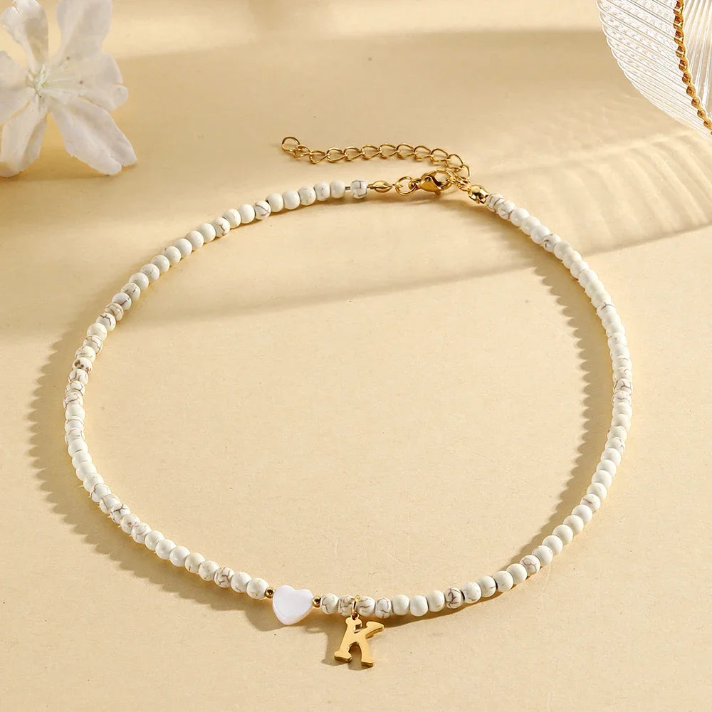 Bohemian Trendy A-Z Initial Heart Shaped Shell letter Pendant Beads Gold Women Necklace Choker