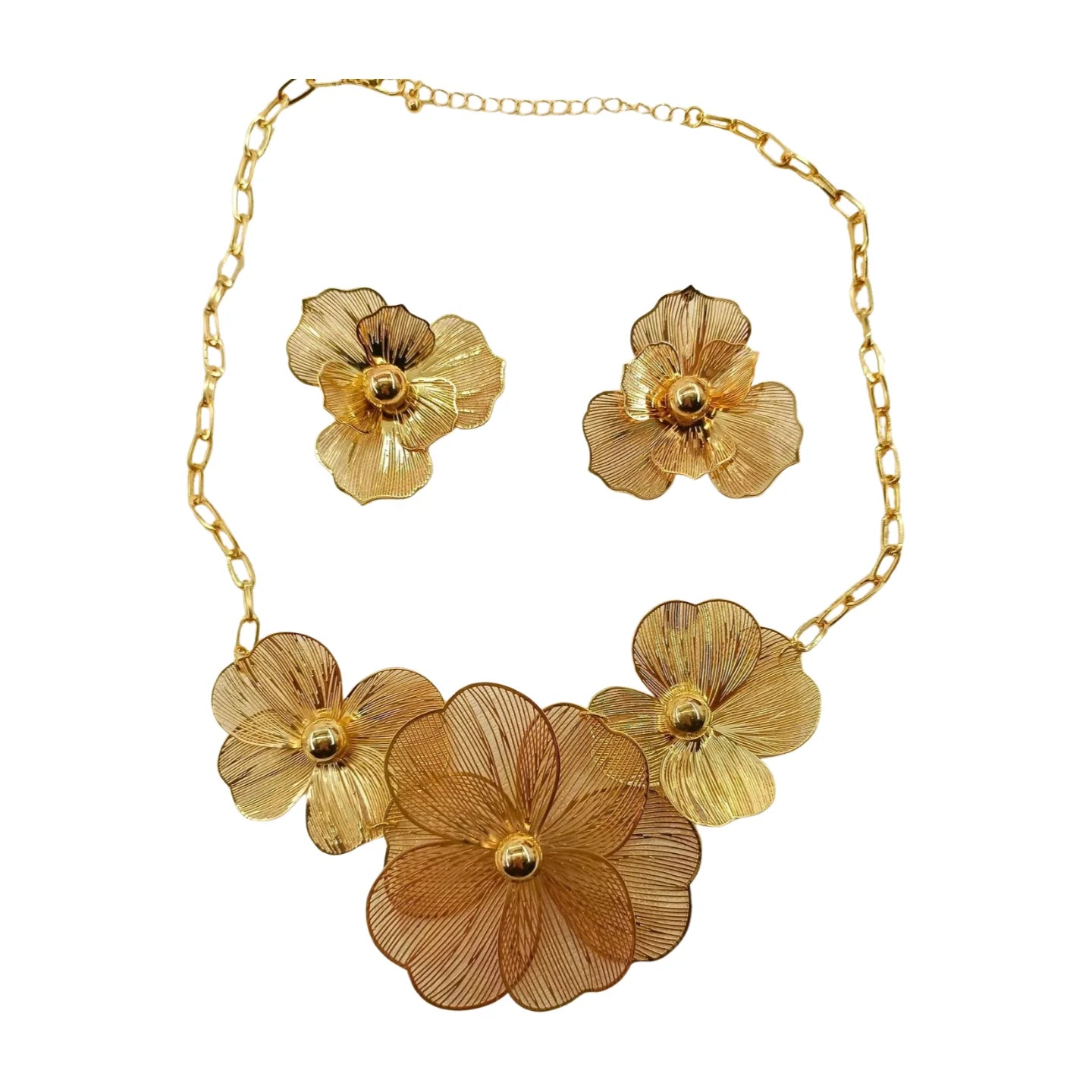 Skeleton Metal Flower Simple Fashion New Statement Necklace Earrings Gold Women Jewelry Set