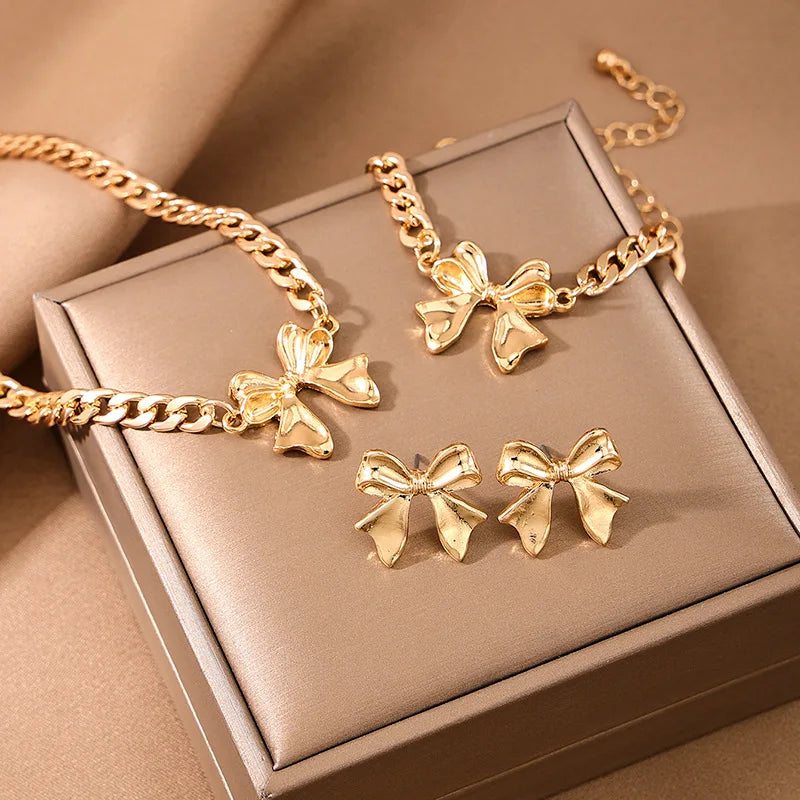 Chain Bowknot Imitation Pearl Fashion Classic Necklace Earrings Bracelet Gold Women Jewelry Set Gift