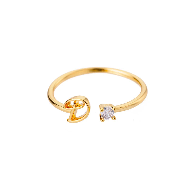 A-Z Initial Open Adjustable Wedding Trendy Crystal Zircon Gold Couple Women Rings Jewelry Gift