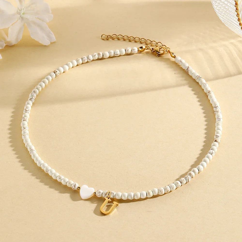 Bohemian Trendy A-Z Initial Heart Shaped Shell letter Pendant Beads Gold Women Necklace Choker