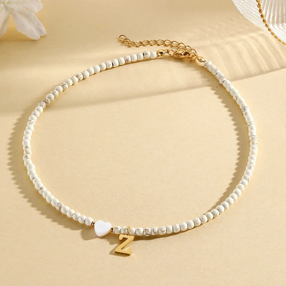 Bohemian Trendy A-Z Initial Heart Shaped Shell letter Pendant Beads Gold Women Necklace Choker