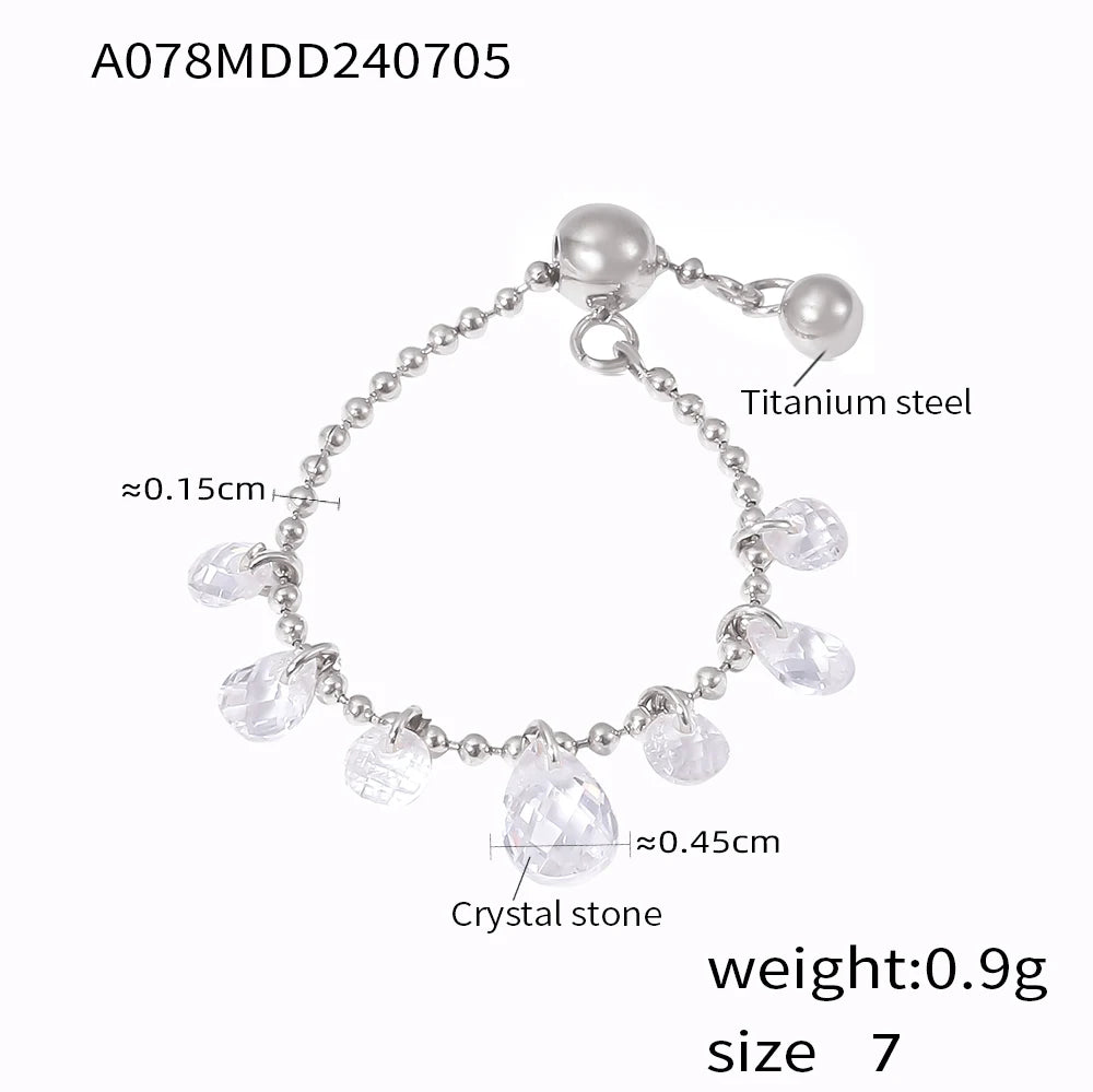 White Crystal Tassel One Size Fits All Adjustable Wedding Daily Rings for Women Stainless Steel Waterproof Ring Charm Jewelry