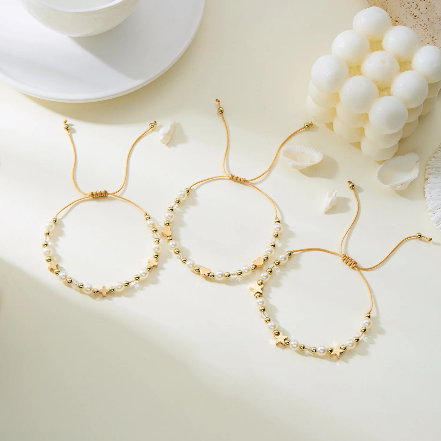 Classic Handmade White Beaded Cross Heart Star Fashion Simple Versatile Gold Women Bracelet Jewelry