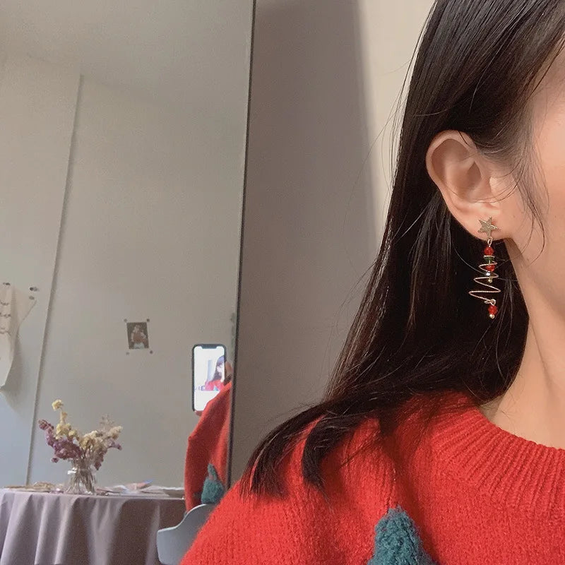 Fashion Christmas Green Bowknot Bell Pendant Exquisite Elk Wind Chimes Dangle Women Earrings Gifts