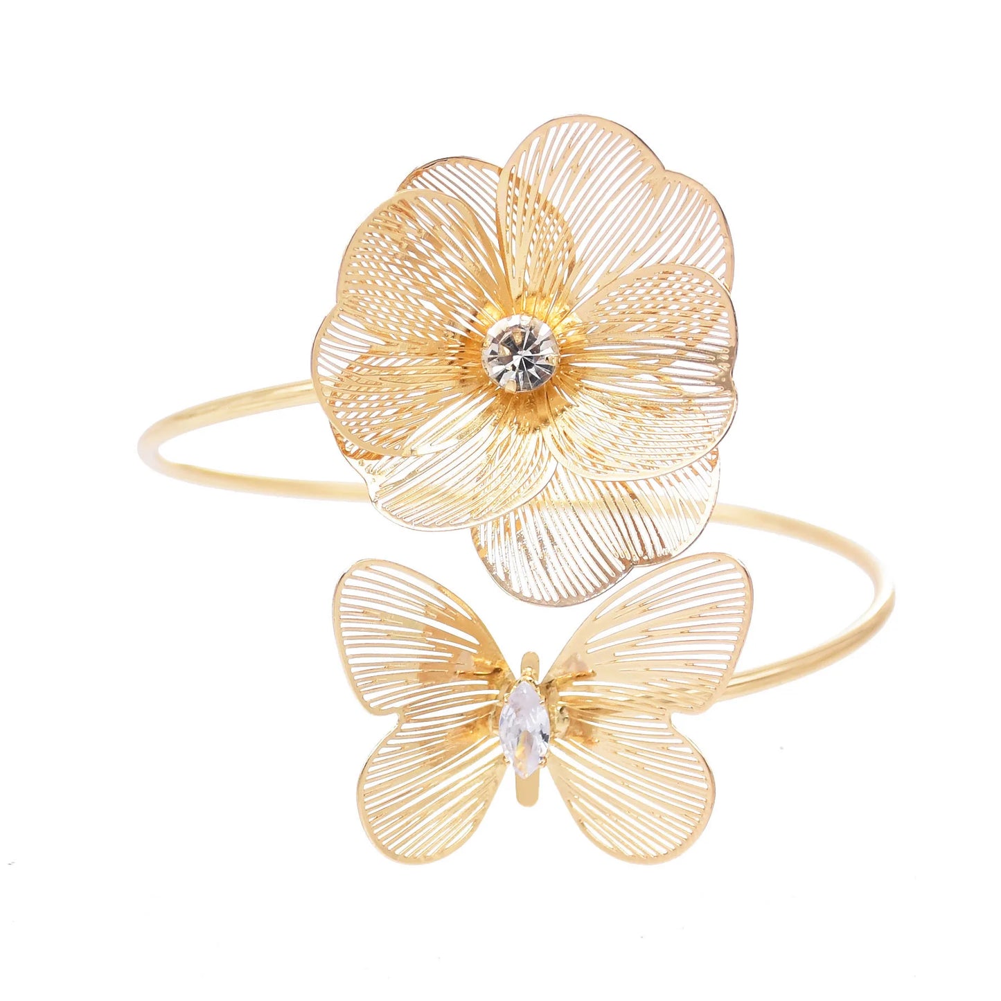 Hollow Crystal Flower Opening Arm Luxury Bridal Wedding Gold Silver Women Bracelet Bangle Jewelry