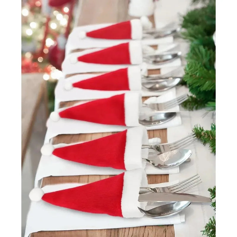 Christmas Hat Tableware Bag Holder Fork Knife Spoon Cutlery Bag Home Decorations Xmas New Year Gifts