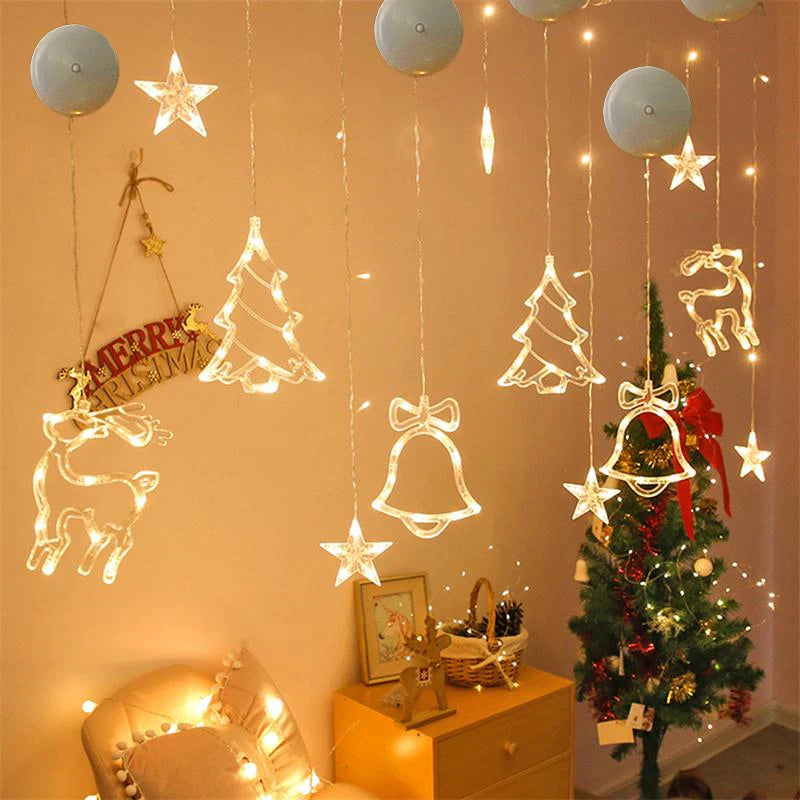 Christmas LED Light Snowflake Santa Deer Hanging Sucker Lamp Window Ornaments Decoration Xmas Gifts