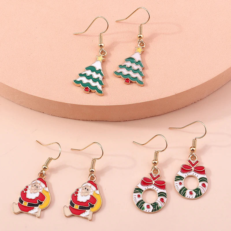 New Fashion Merry Christmas Tree Deer Santa Drop Dangle Beads Gold Women Earrings Jewelry Gifts