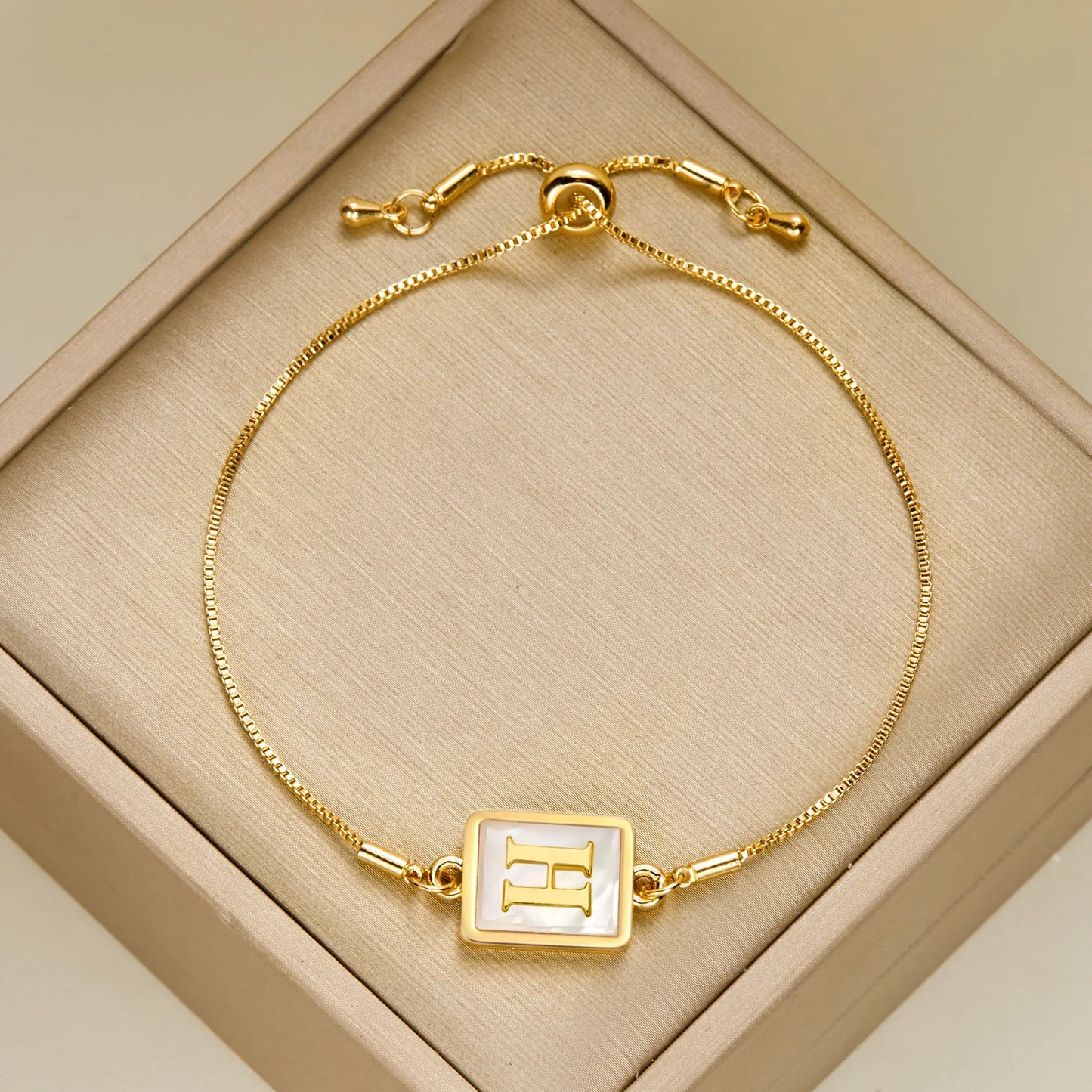 Luminous Square White Shell 26 Alphabet A-Z Initials Letters Adjustable Chain Gold Women Bracelet