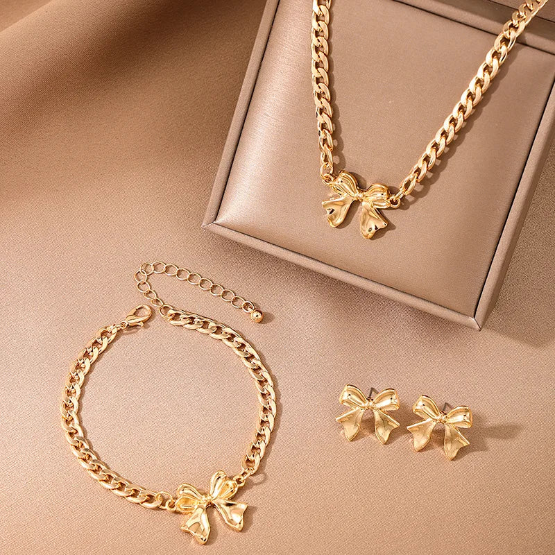Chain Bowknot Imitation Pearl Fashion Classic Necklace Earrings Bracelet Gold Women Jewelry Set Gift