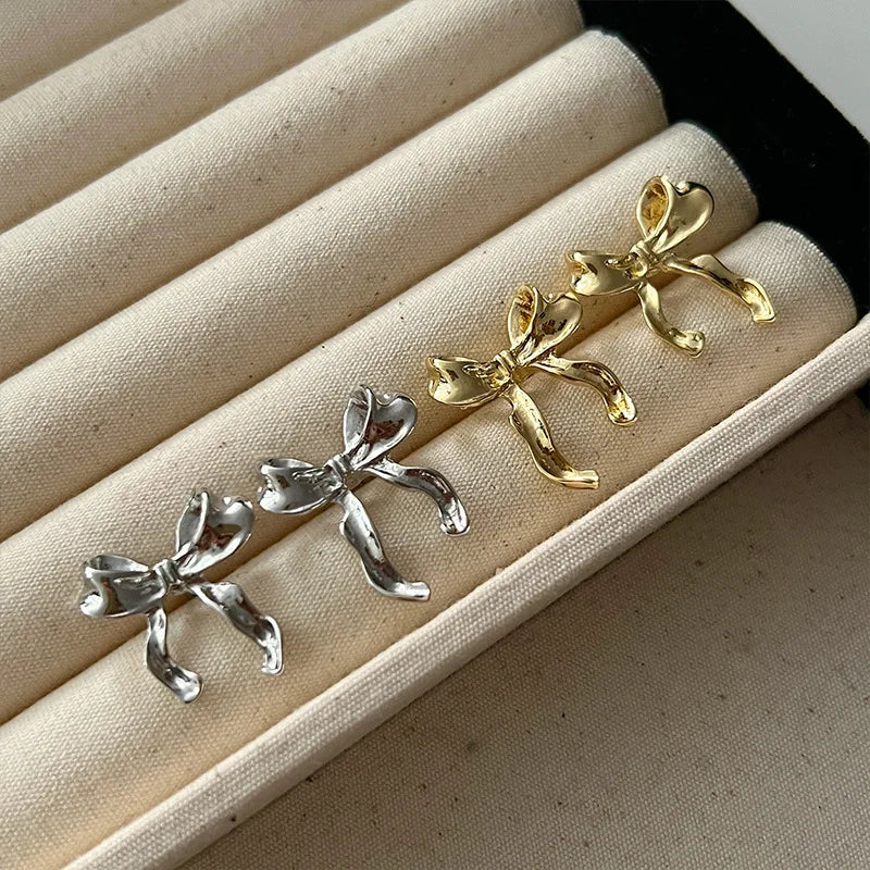 Design Sweet Cool Gold Silver Bow Knot Earrings Women Simple Elegant Jewelry Fall Christmas Gifts