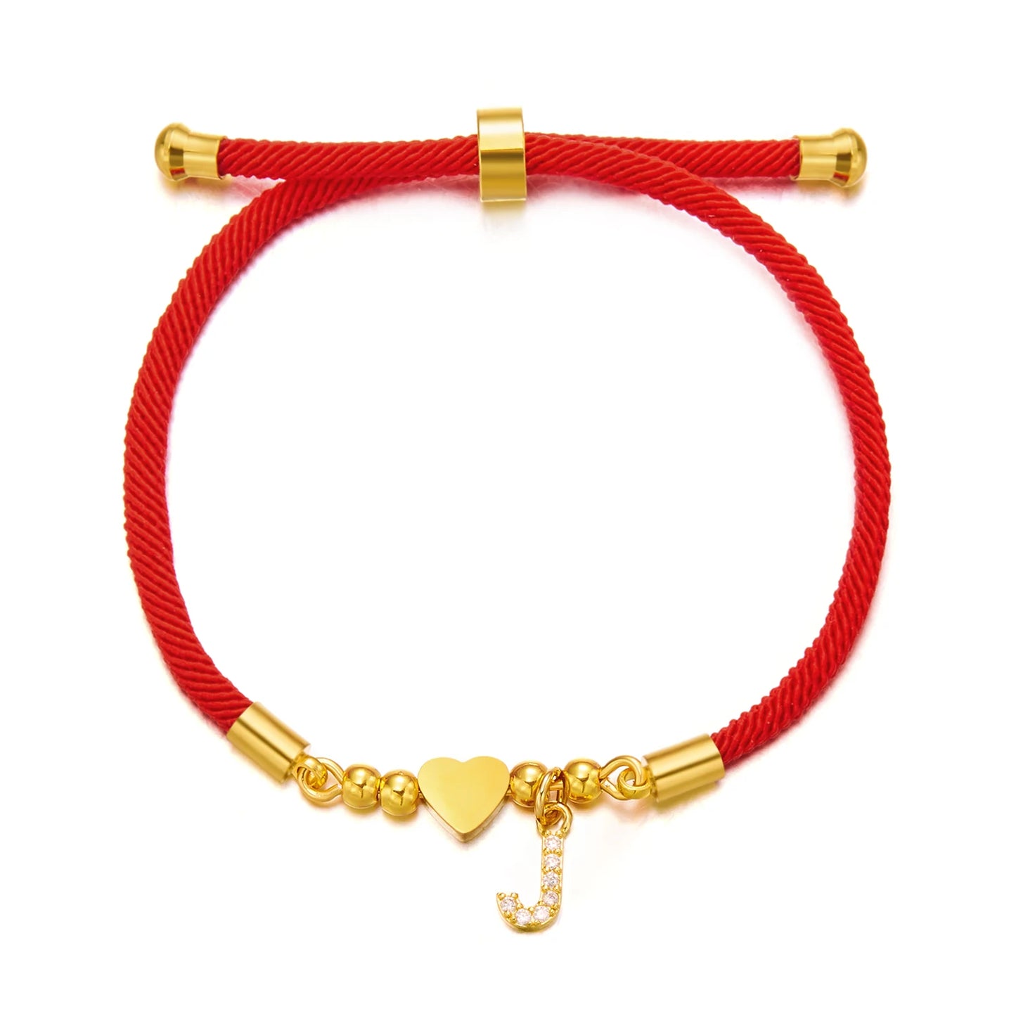 Gold Crystal Zircon A-Z Heart Initial Letter Charm Lucky Red Adjustable Rope Women Bracelet Jewelry