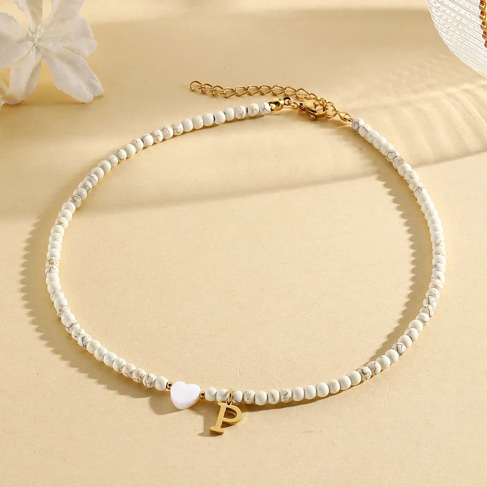 Bohemian Trendy A-Z Initial Heart Shaped Shell letter Pendant Beads Gold Women Necklace Choker