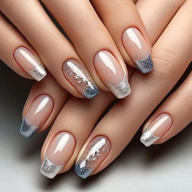 24Pcs Short Square Coffin French Glitter Acrylic Fake Nails Tip with Glue Women Press on Nails Gift