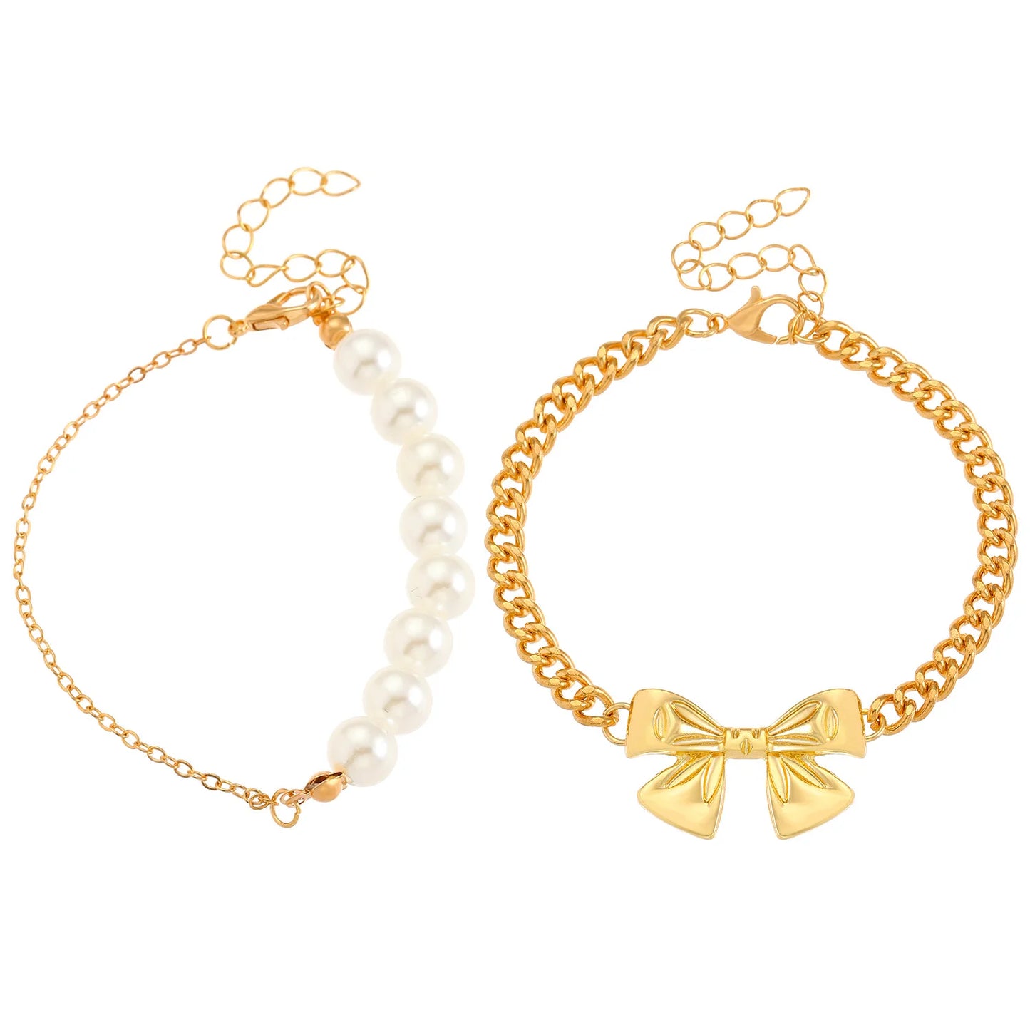 2pcs Korean Fashion Trendy New Bowknot Pearl Sweet Cute Pendant Gold Chain Women Bracelet Bangle Set