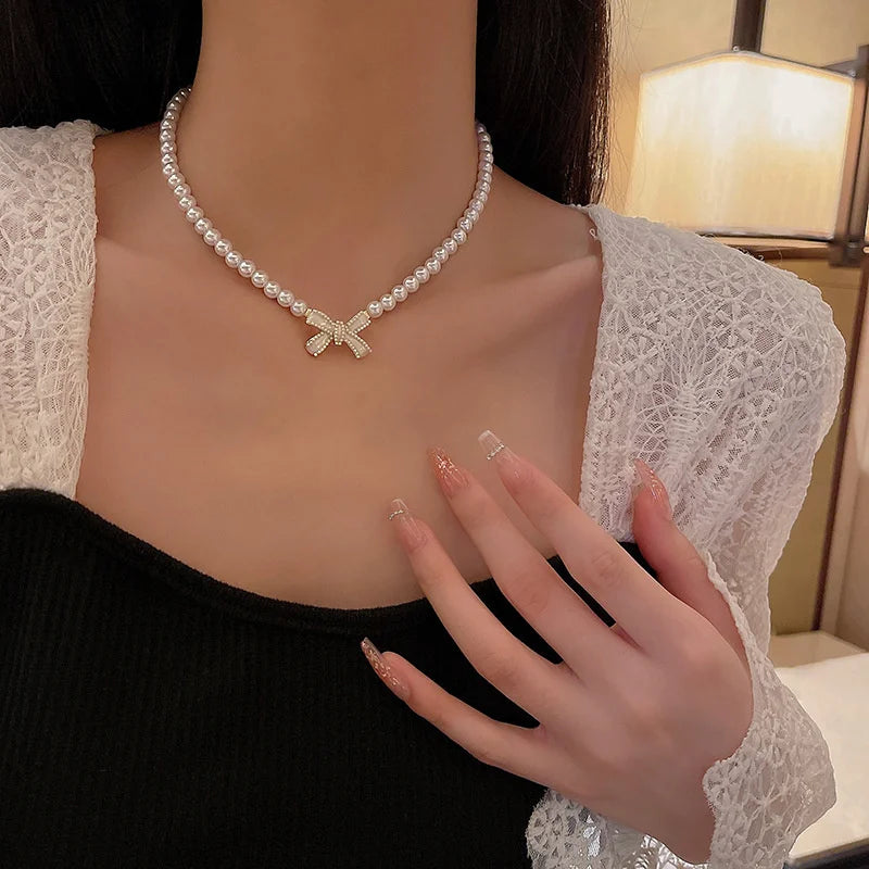 Aesthetic Pearl Bead Butterfly Bow Korean Fashion Planet Heart Pendant Women Necklace Choker Jewelry