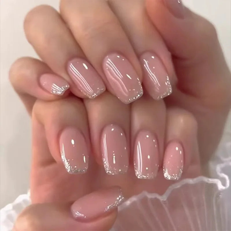 24pcs Simple Square Jelly Glue Gradient French Press on Fake False Nails Short Full Cover Nail Tips
