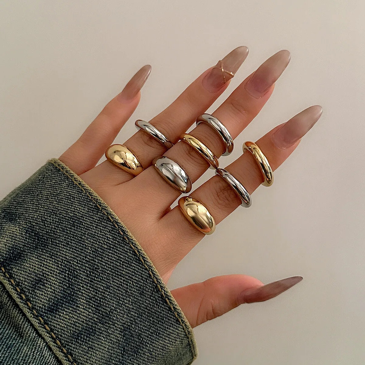 8pcs Chunky Open Smooth Surface Trendy Gold Silver Mixed Women Rings Set Jewelry Gifts