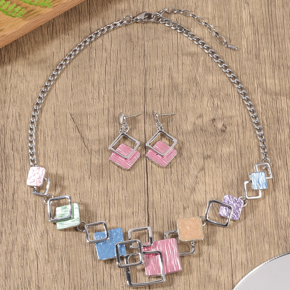 Fashion Simple Drip Oil Geometric Trendy Daily Party Necklace Earrings Gold Silver Women Jewelry Set