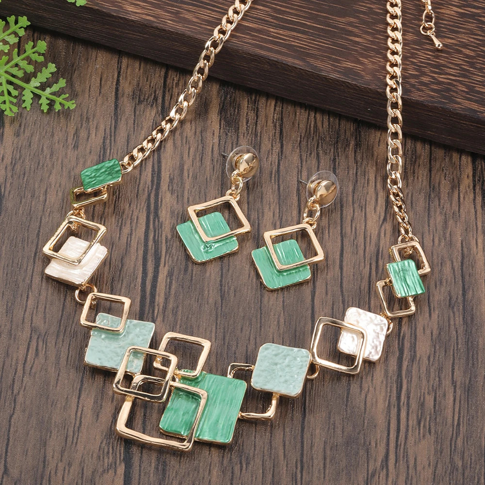 Fashion Simple Drip Oil Geometric Trendy Daily Party Necklace Earrings Gold Silver Women Jewelry Set
