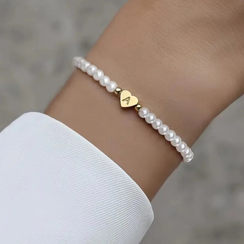 26 Letters A-Z Initial Faux Pearl Gold Fashion Women Link Bracelet Wristband Bangle Jewelry Gift