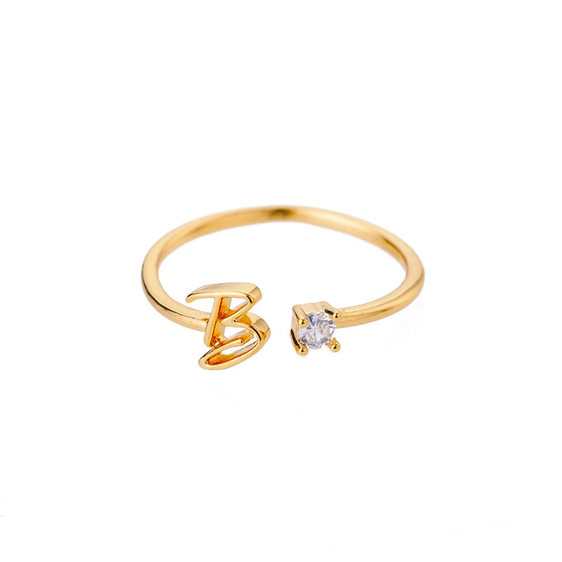 A-Z Initial Open Adjustable Wedding Trendy Crystal Zircon Gold Couple Women Rings Jewelry Gift