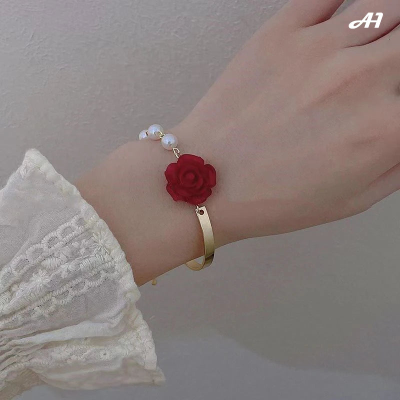 Korean Style Red White Rose Imitation Pearl Light Luxury Adjustable Cuff Gold Women Bracelet Jewelry