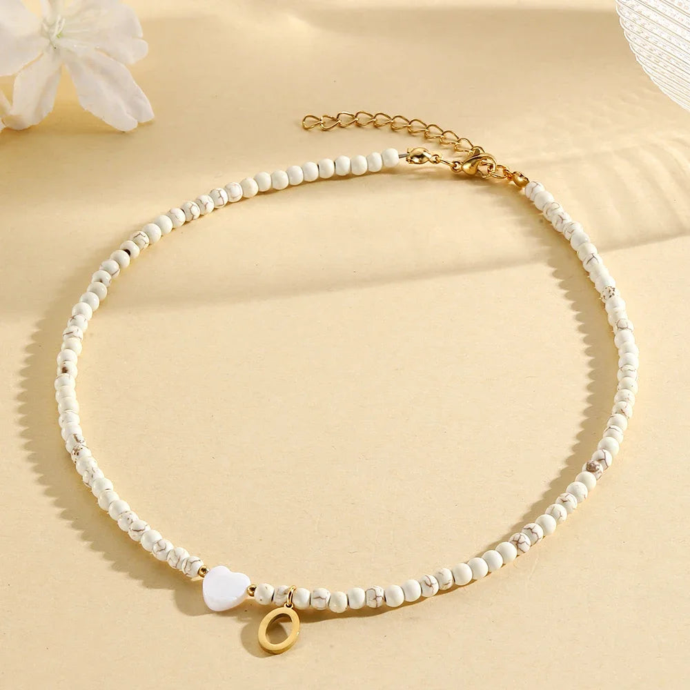 Bohemian Trendy A-Z Initial Heart Shaped Shell letter Pendant Beads Gold Women Necklace Choker