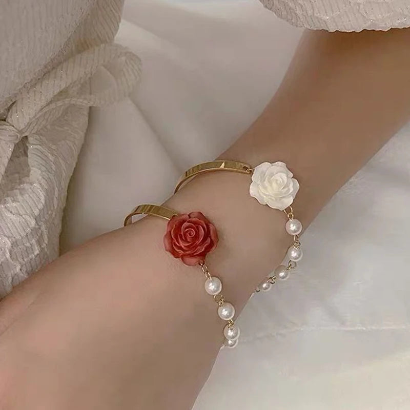 Korean Style Red White Rose Imitation Pearl Light Luxury Adjustable Cuff Gold Women Bracelet Jewelry