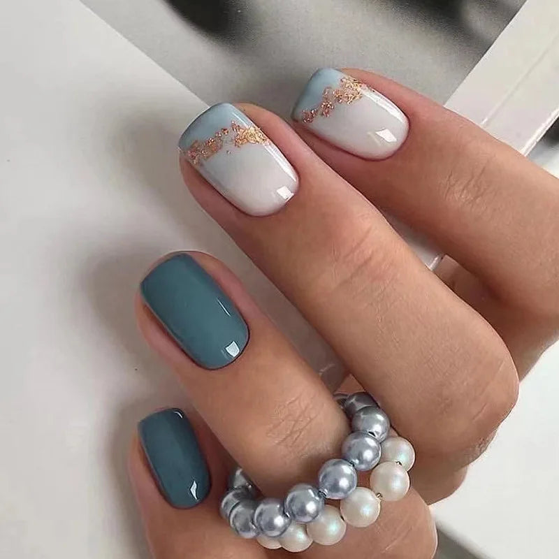 24pcs Short Round French Sparkling Pearl Wavy Love Heart Full Cover Detachable False Press On Nails