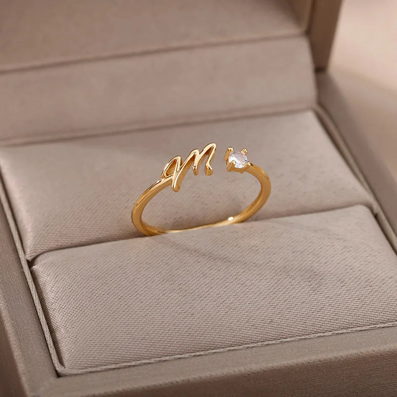 A-Z Initial Open Adjustable Wedding Trendy Crystal Zircon Gold Couple Women Rings Jewelry Gift