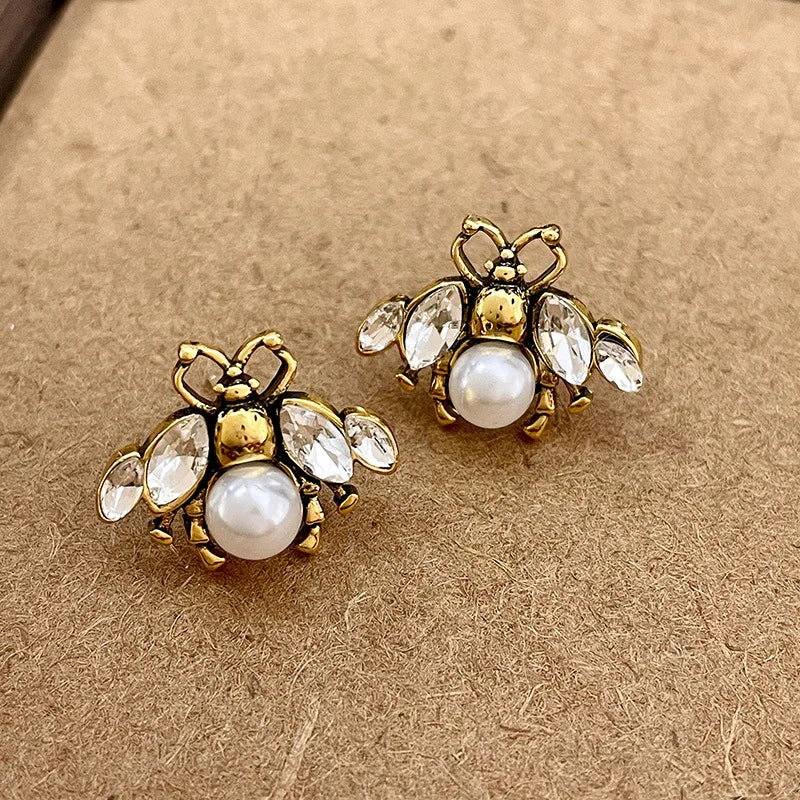 Fashion Jewelry Cute Temperament Delicate Glass Pearl Bee Stud Gold Women Earrings Jewelry Gifts