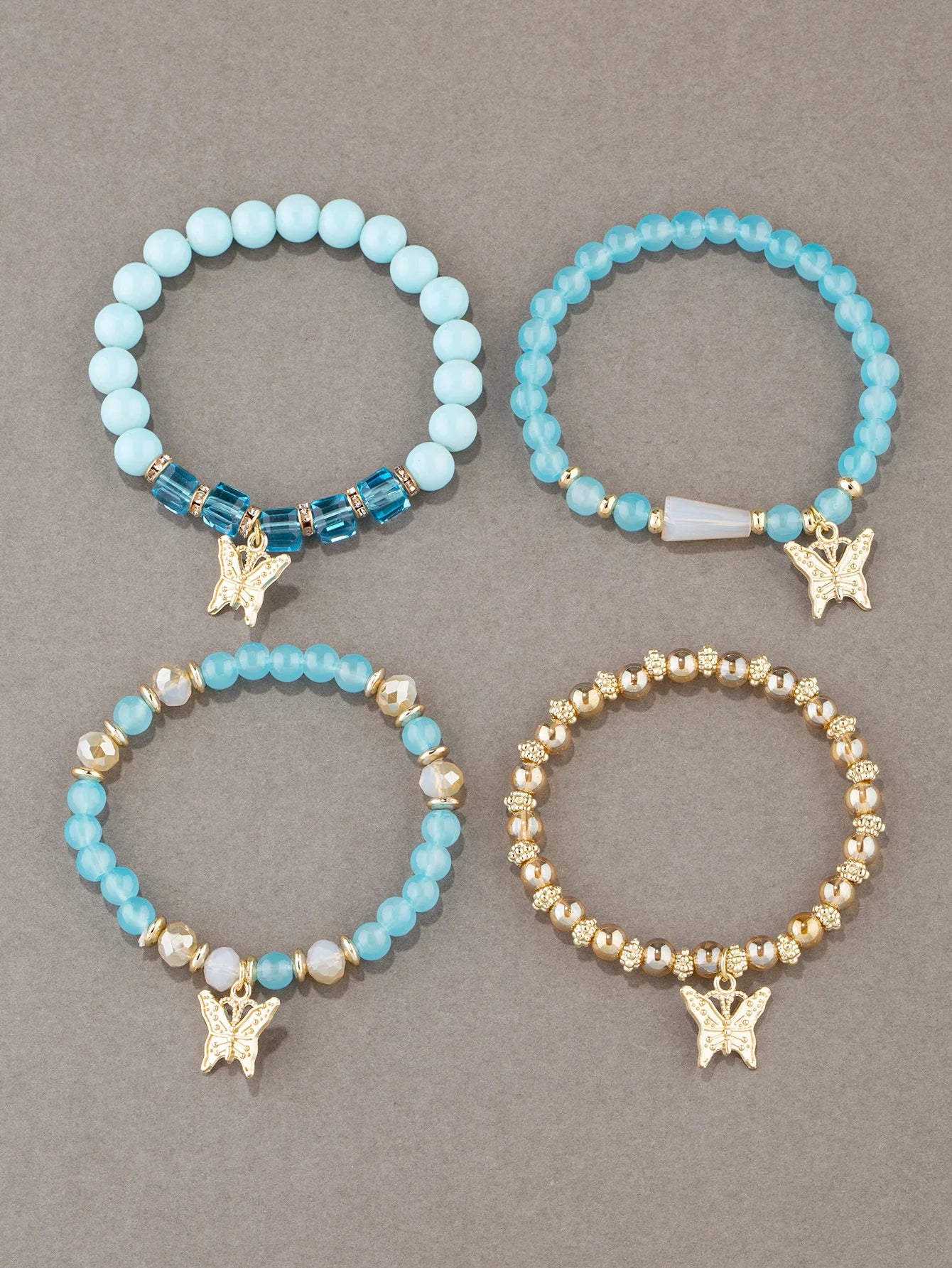 4pcs Trendy Butterfly Beaded Acrylic Beads Bohemian Elastic Chain Gold Women Bracelet Set Bangle Set