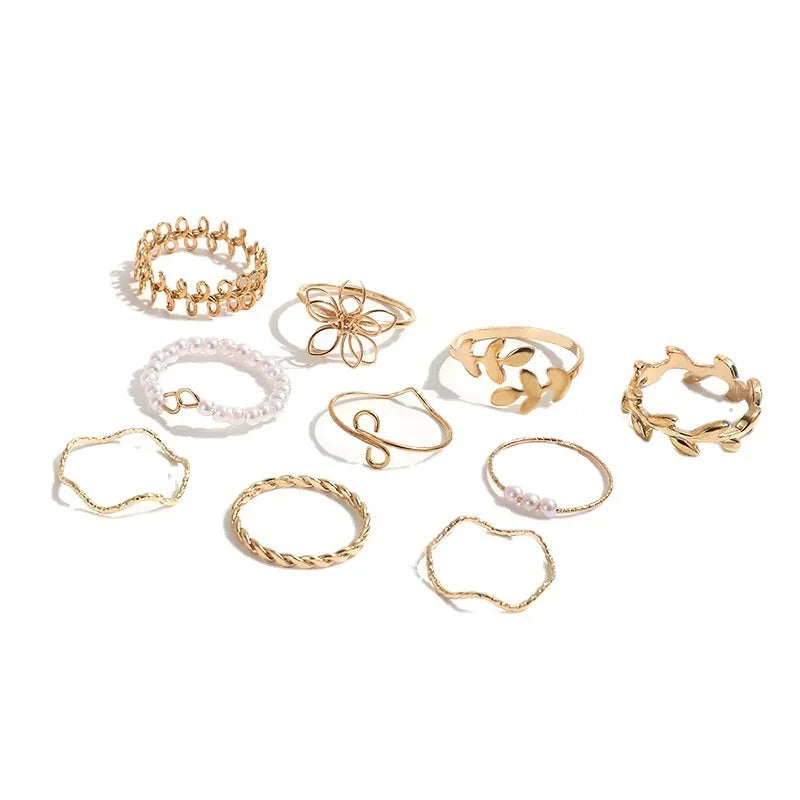 10pcs/set Bohemian Hollow Flower Simple Glossy Leaf Vine Imitation Pearl Gold Women Rings Set